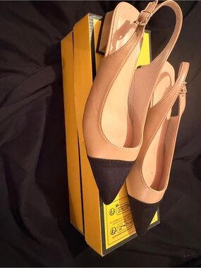 Women’s Two-Tone Slingback Pointed Toe Flats - Beige and Black